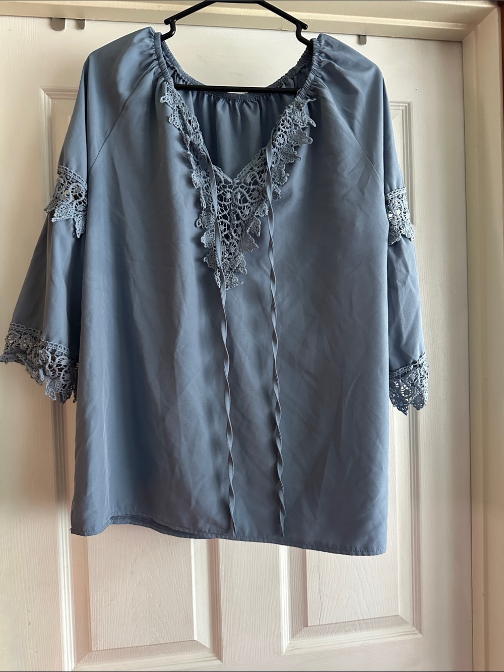 Ina Dusty Blue Lace-Trim Peasant Blouse